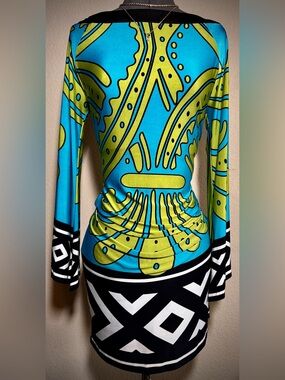 Vintage Retro Mini Dress Green Blue White Black Long Sleeve Fitted Boat Neck S